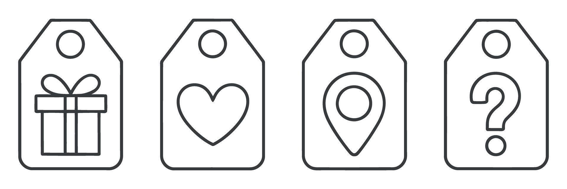 Four Simple Line Art Gift Tags with Gift Box Heart Location and Question Mark Icons vector
