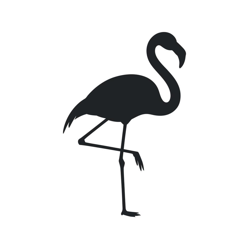 Elegant Black Silhouette of a Flamingo Standing on One Leg Against a White Background vector