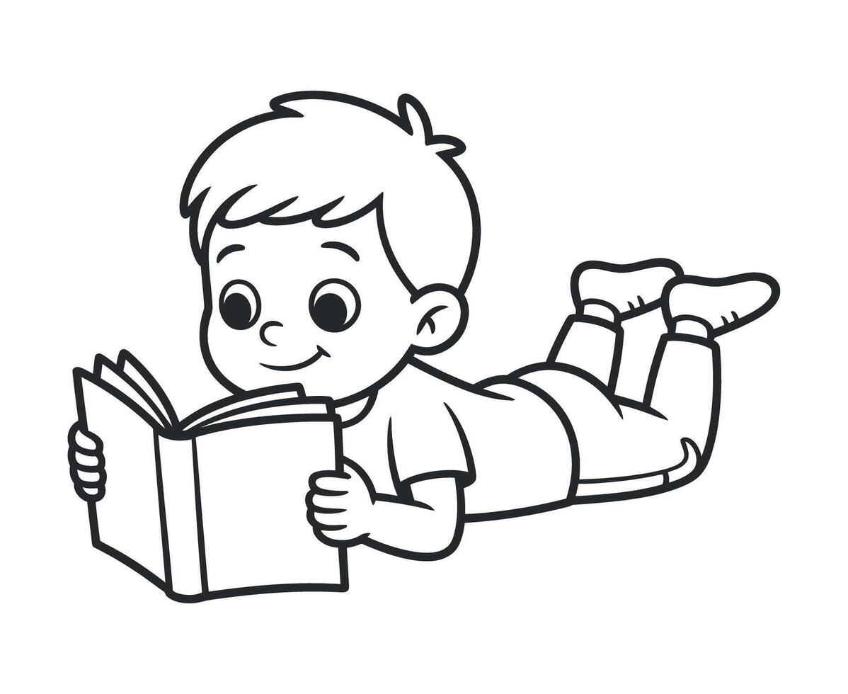 Happy Boy Lying Down Reading a Book Childrens Illustration vector