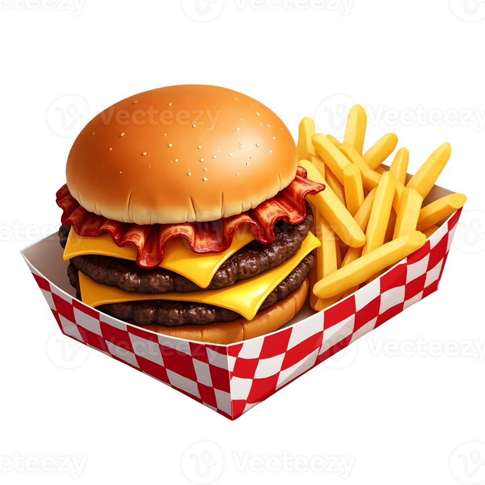 Double Cheeseburger with Bacon and Fries Delicious Meal Idea png