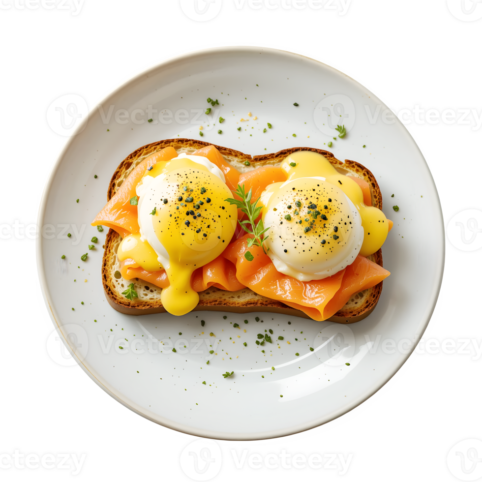 Delicious Toast with Poached Eggs and Salmon on a White Plate png