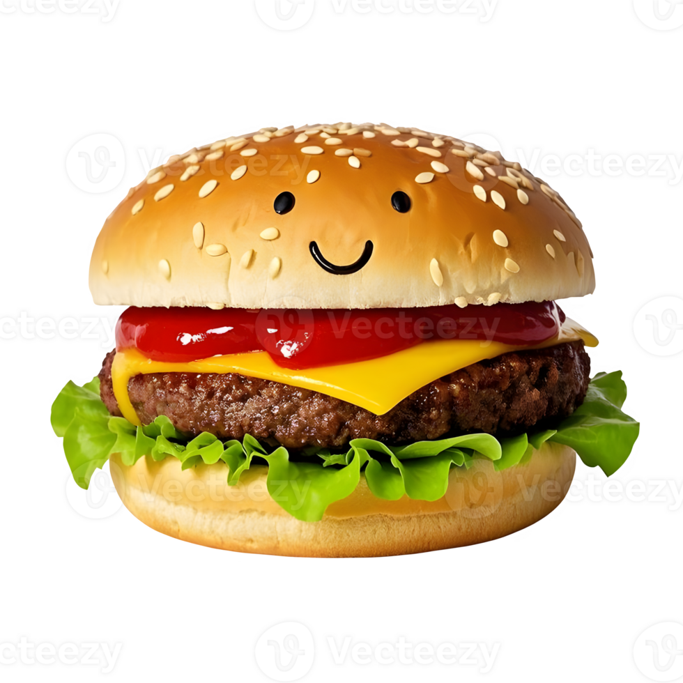 Delicious Hamburger With Sesame Seeds And Smiling Burger Bun png