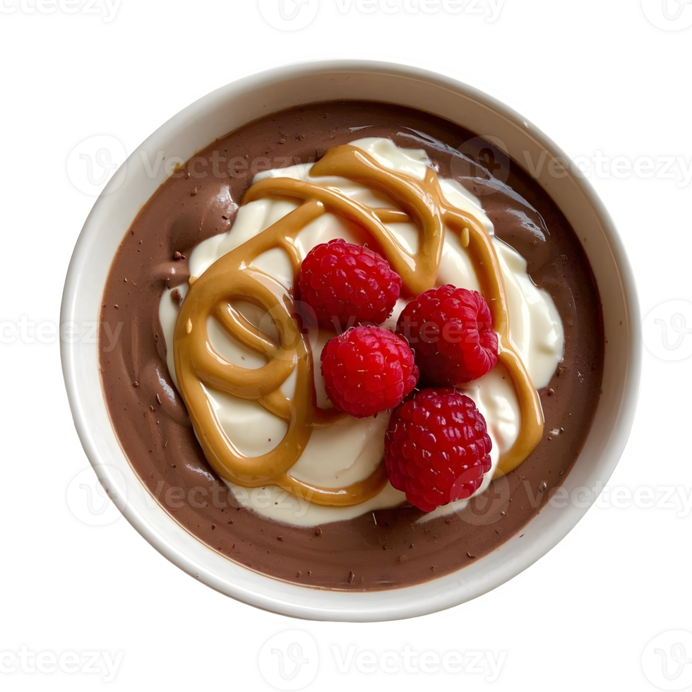 Delicious Chocolate Pudding with Raspberry and Peanut Butter Topping png