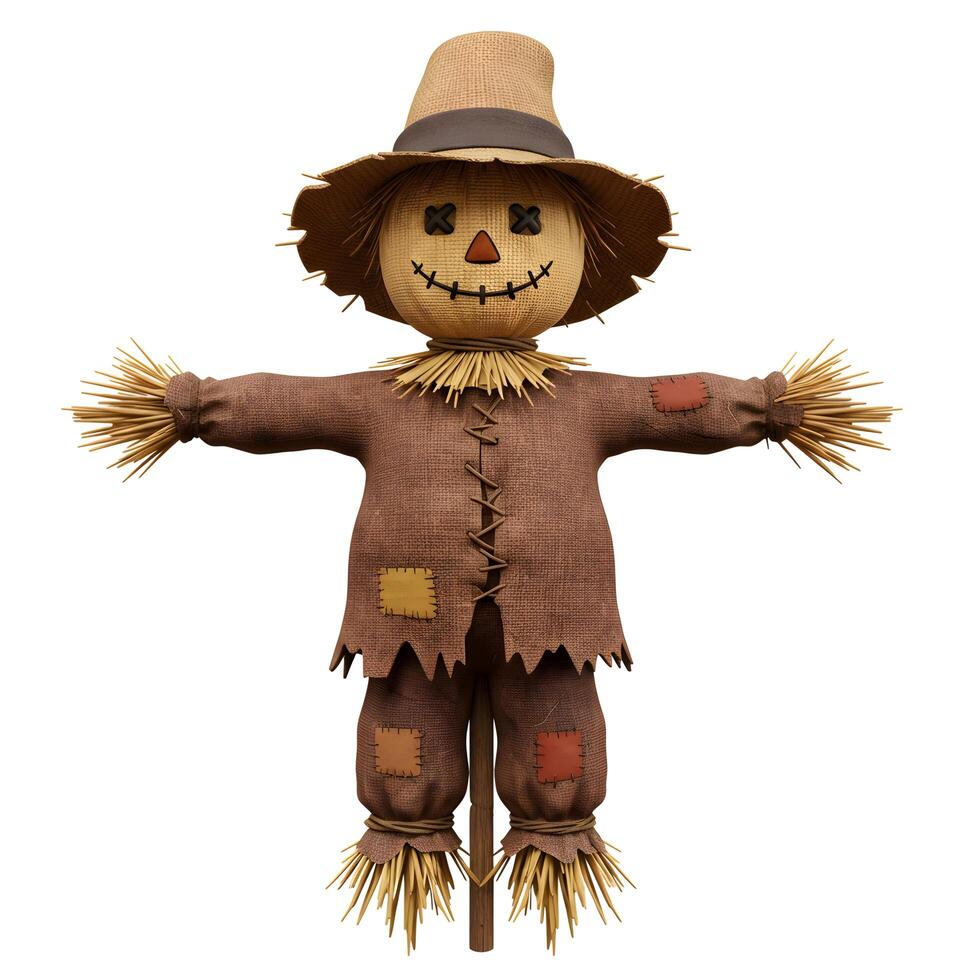 Adorable handcrafted scarecrow decoration isolated against a white backdrop photo