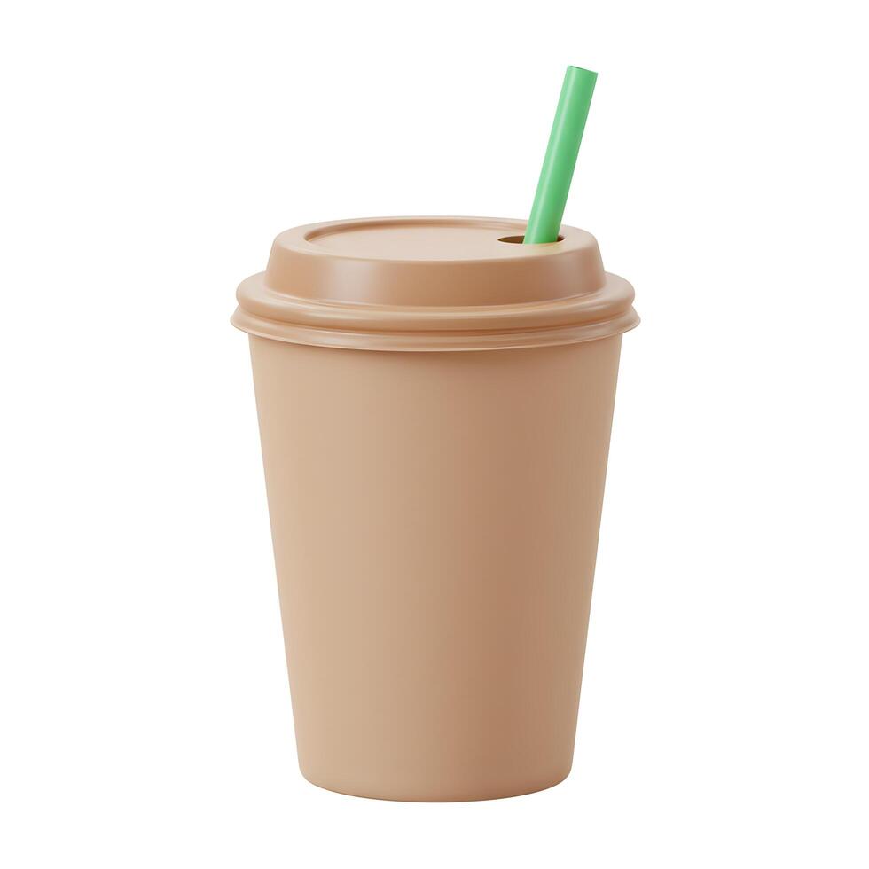 Beige Coffee Cup with Green Straw on White Background, 3D Render photo