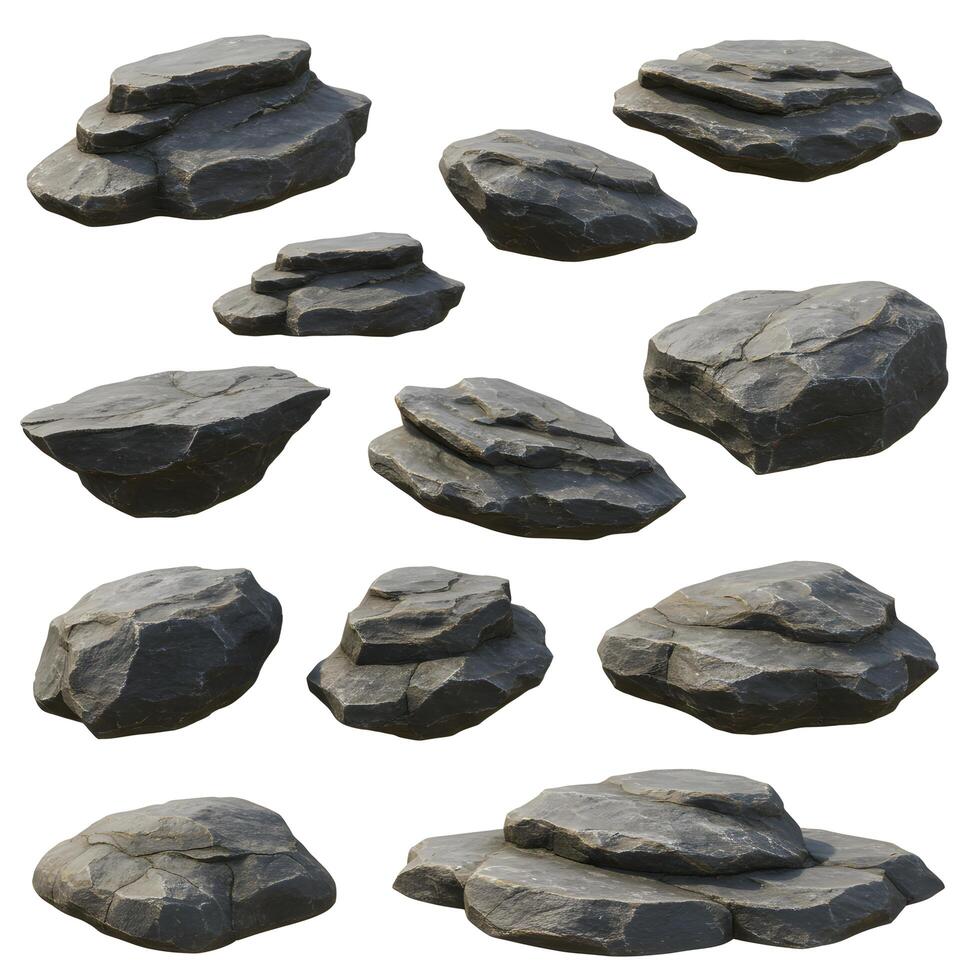 A Collection of Isolated Rock Formations on White Background Displaying Textural Variety and Unique Shapes photo