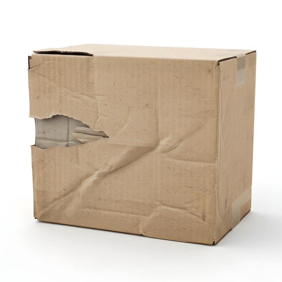 Damaged cardboard box on white background, representing package problem photo