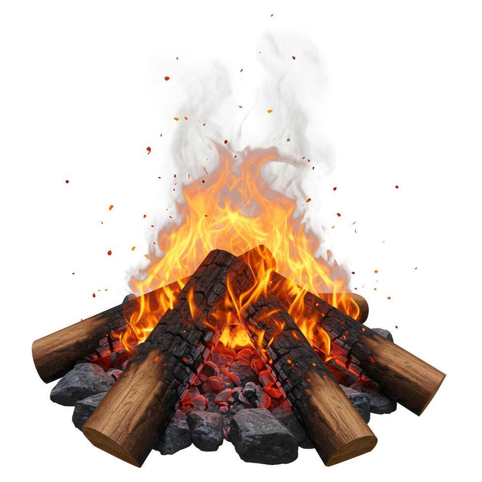 Cozy Campfire with crackling flames and smoke, perfect for outdoorsy projects and warming up cold nights, isolated on white photo