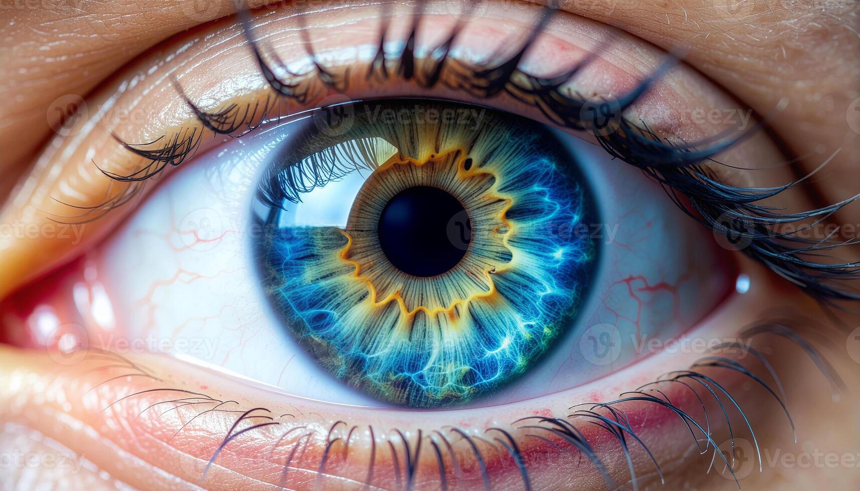 Blue and yellow colored wide opened eye, Detailed Retinal Anatomy, Biometric Retina Scan, Ophthalmic Examination, Retina in Health and Disease, Retina in Digital Technology photo
