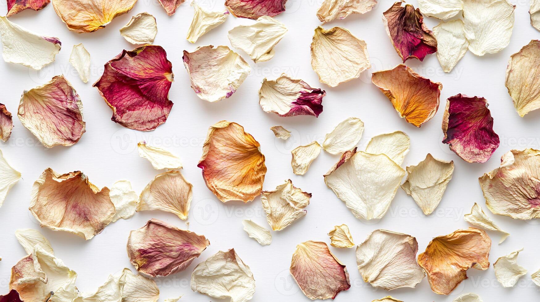 Scattered dried flower petals on a pristine white surface highlight their delicate textures and gentle tones, ideal for creative projects or natural decor ideas. photo