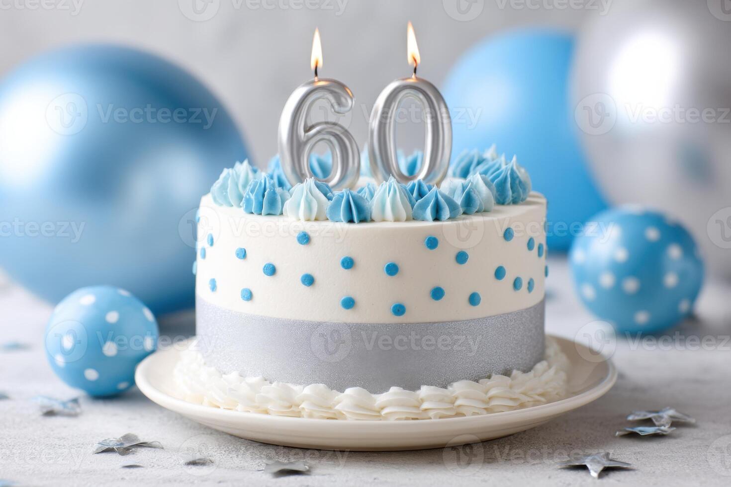 Celebration cake decorated with blue frosting, silver ribbon, and candles, surrounded by balloons and stars, perfect for a milestone birthday party or special occasion photo