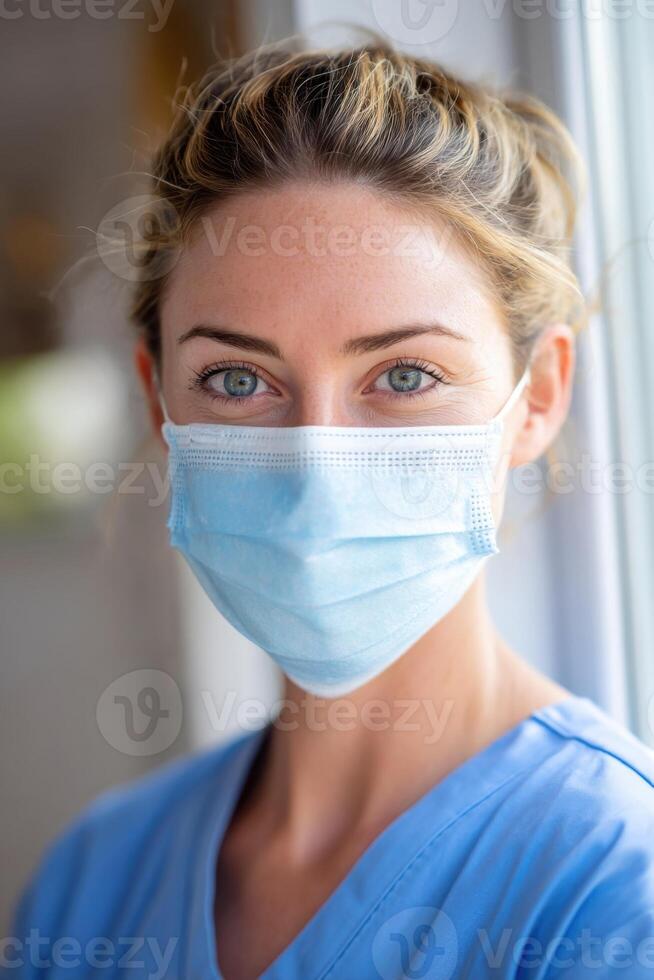 Nurse wearing a blue scrub top and a medical mask, looking confidently at the camera, showcasing dedication and professionalism in a healthcare environment with soft natural light photo