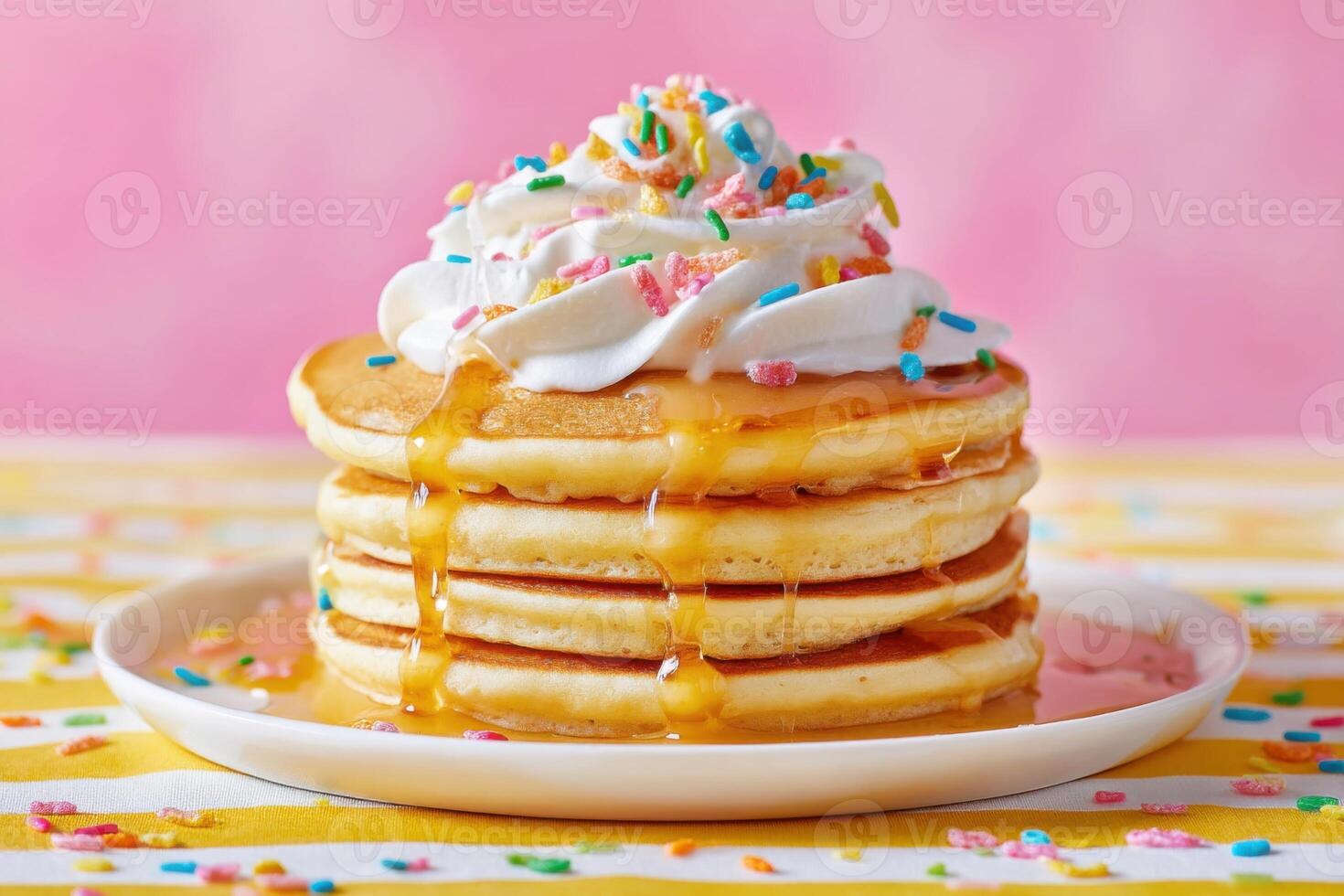 Stack of fluffy pancakes topped with whipped cream, colorful sprinkles, and syrup, served on a white plate against a vibrant pink background, evoking a cheerful breakfast atmosphere photo