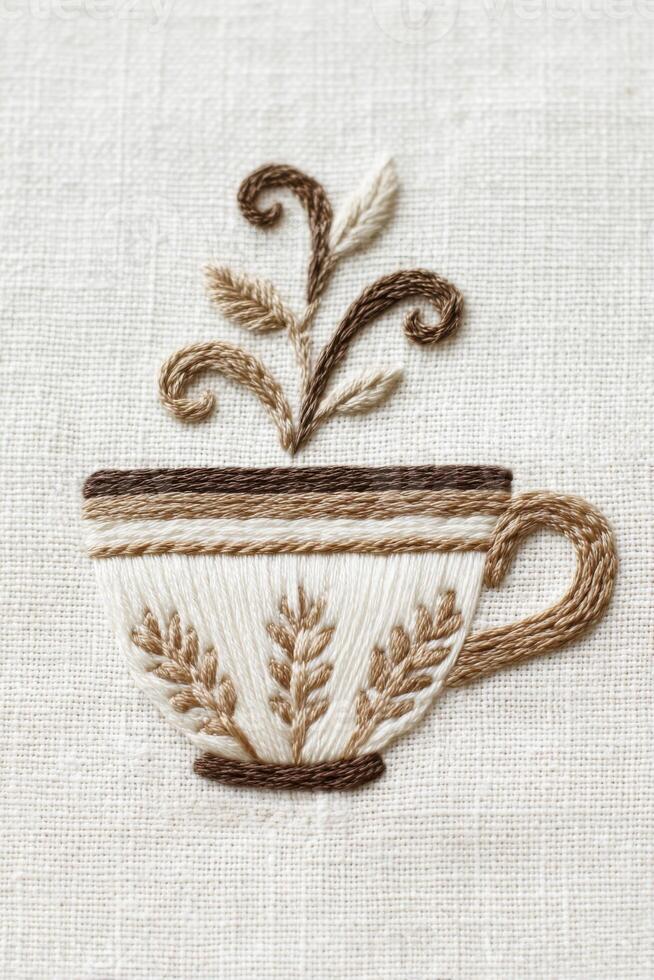 Embroidered cup design featuring delicate floral elements and intricate stitching, showcasing craftsmanship and artistic expression in textile art with a soft neutral background photo