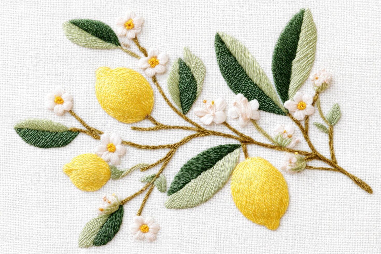 Embroidered design featuring vibrant yellow lemons, delicate white flowers, and lush green leaves on a textured fabric background, showcasing intricate craftsmanship and artistic expression photo