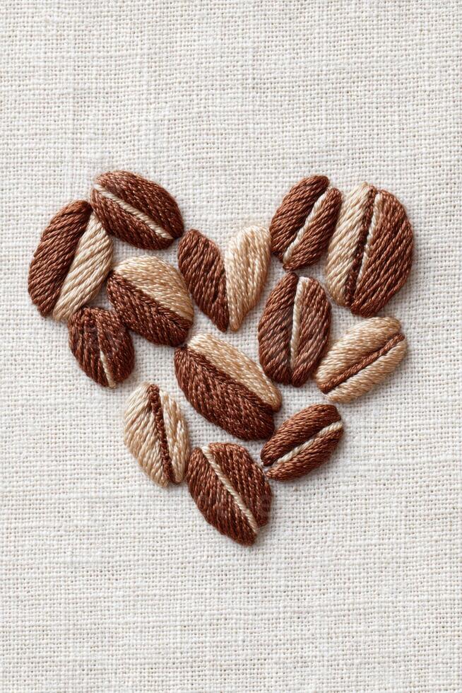 Heart-shaped arrangement of embroidered coffee beans in various shades of brown and beige on a textured fabric background, showcasing craftsmanship and love for coffee photo