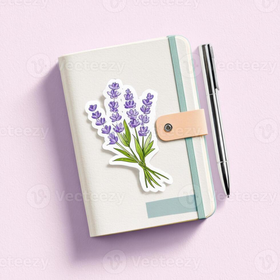 Notebook with lavender flower illustration on cover, accompanied by a silver pen, placed on a soft pastel pink background, creating a serene and artistic workspace atmosphere photo