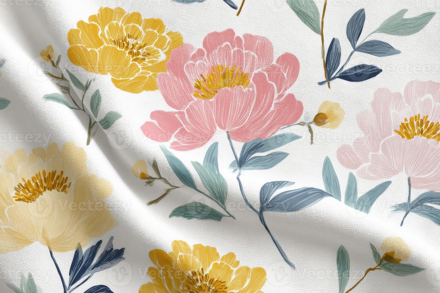 Floral pattern design featuring vibrant peonies and leaves in soft pastel colors on textured fabric, ideal for home decor, fashion, and creative projects with copy space photo