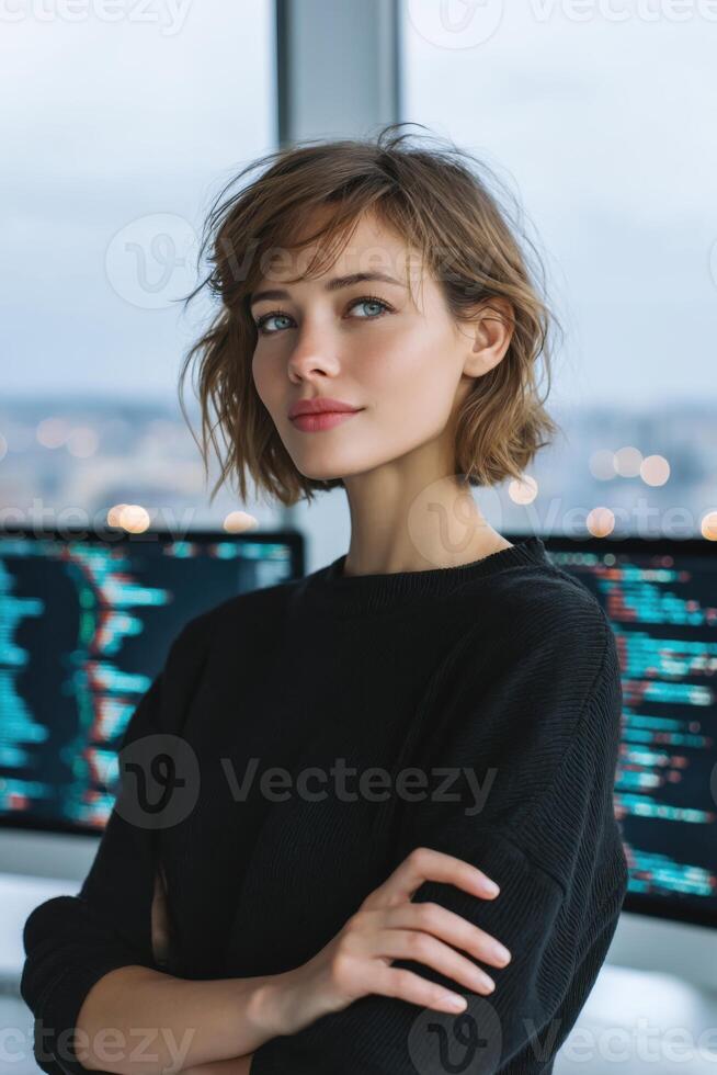 Female software developer with short hair, wearing a black sweater, stands confidently in a modern office with computer screens displaying code, embodying innovation and technology in the workspace photo