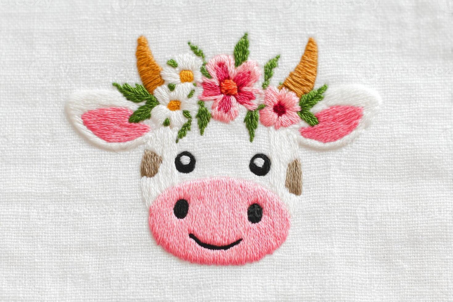 Cute cow embroidery design featuring a smiling face adorned with colorful flowers and horns, showcasing intricate stitching on a soft fabric background, perfect for decorative purposes photo