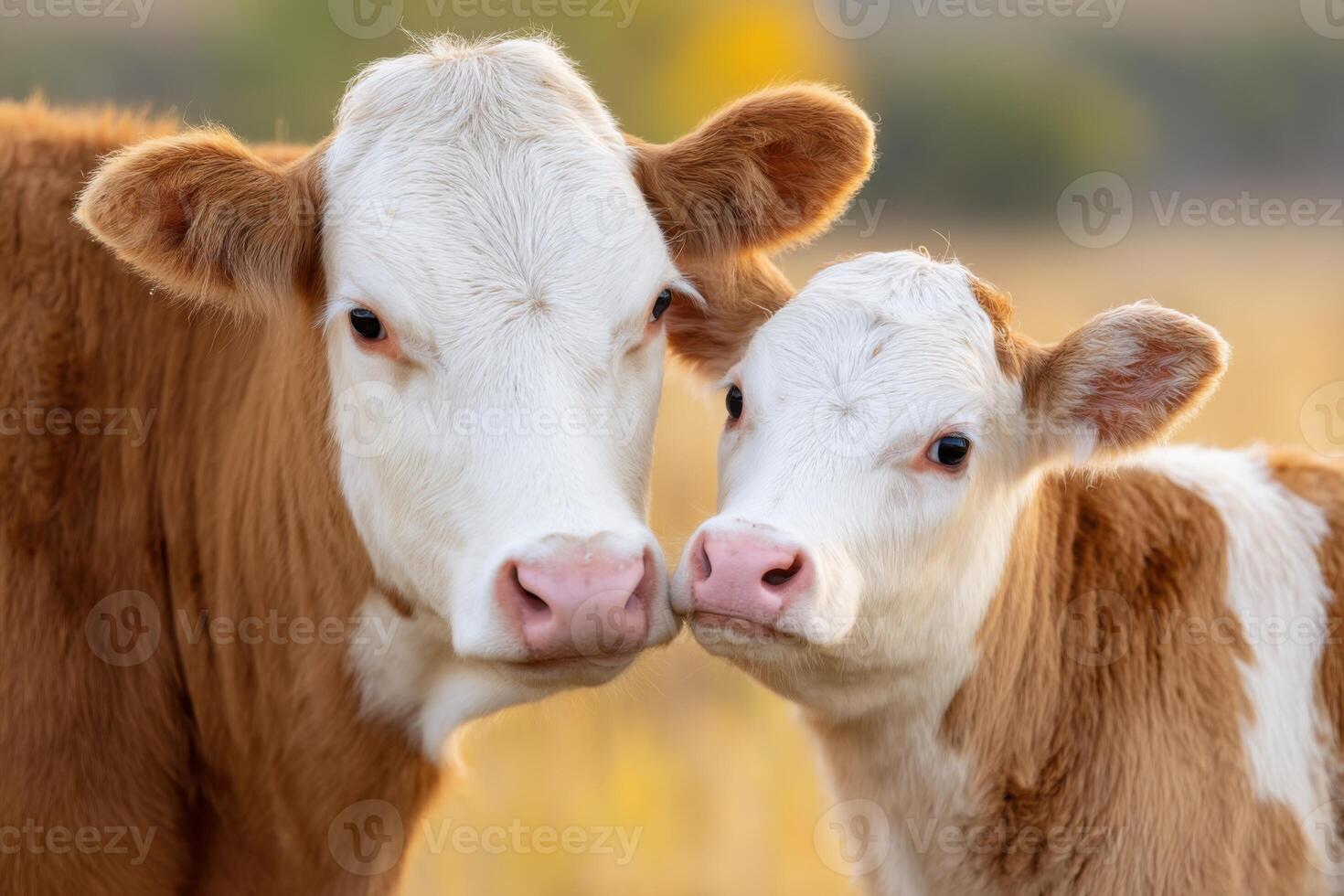 Close-up of a brown and white cow with its calf, showcasing their gentle expressions and bond in a serene rural setting, highlighting the beauty of farm life and animal companionship photo