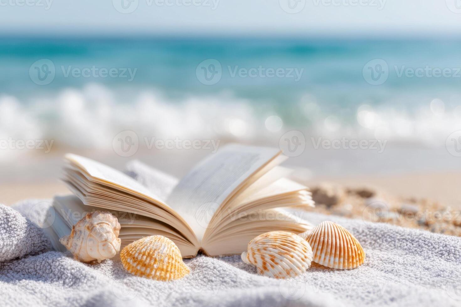 Open book resting on towel with seashells near the ocean on sunny beach photo
