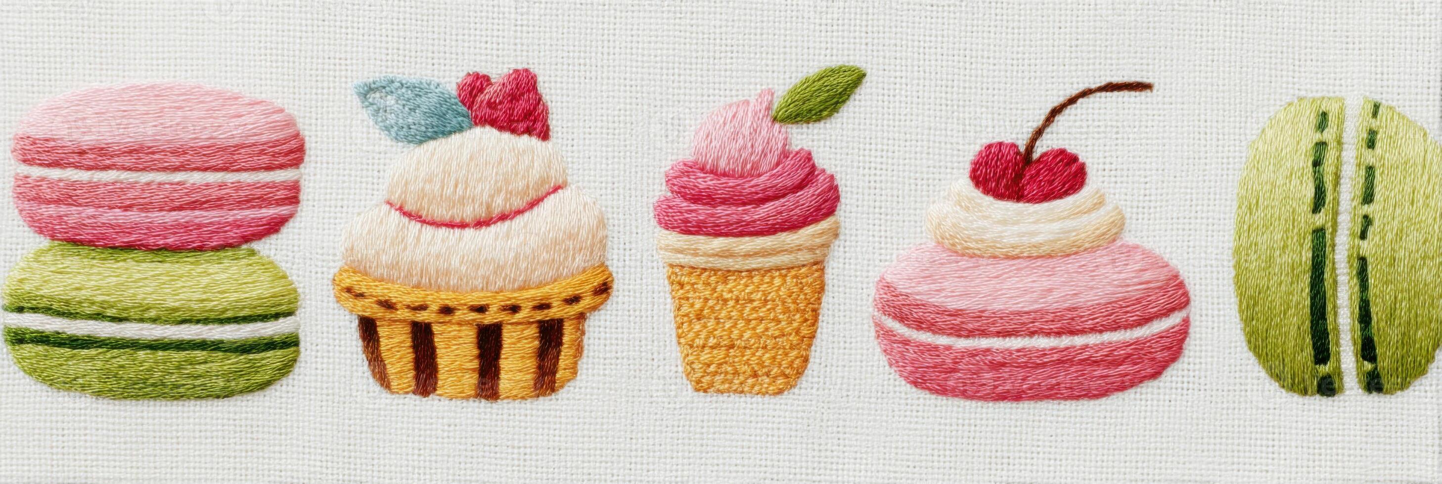 Colorful embroidered desserts featuring macarons, ice cream, and cupcakes arranged on a textured fabric background, showcasing intricate stitching and delightful culinary artistry photo