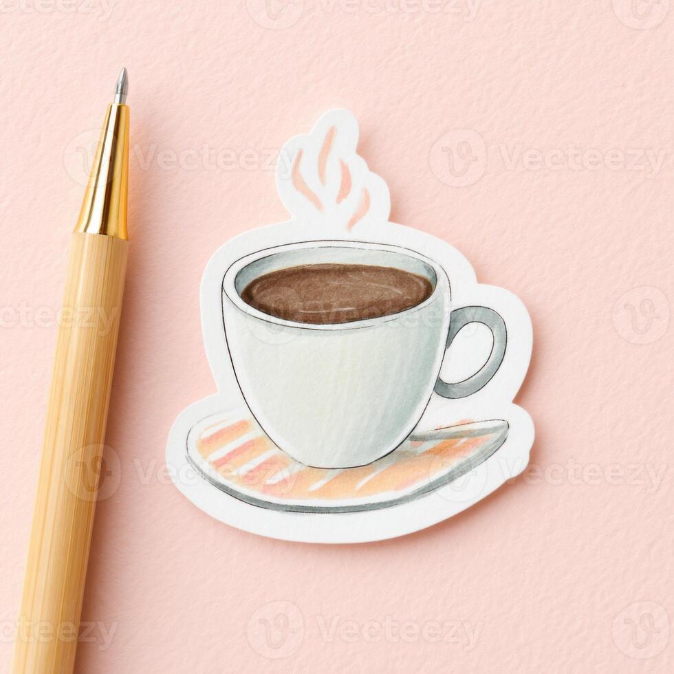 Watercolor illustration of a steaming coffee cup on a saucer, accompanied by a wooden pen, set against a soft pink background, evoking warmth and comfort in a cozy atmosphere photo