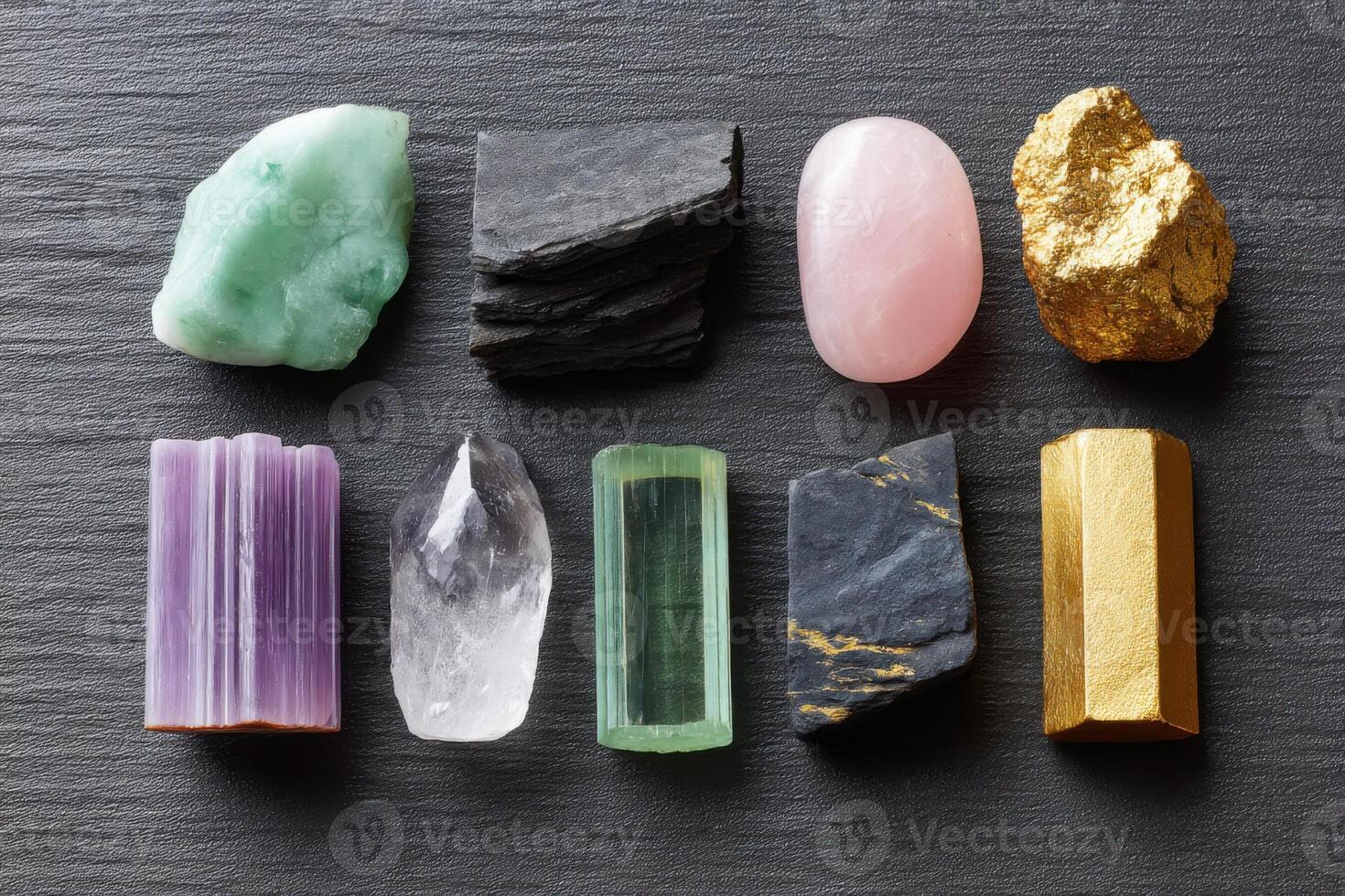 Colorful minerals and crystals collection on slate background photo