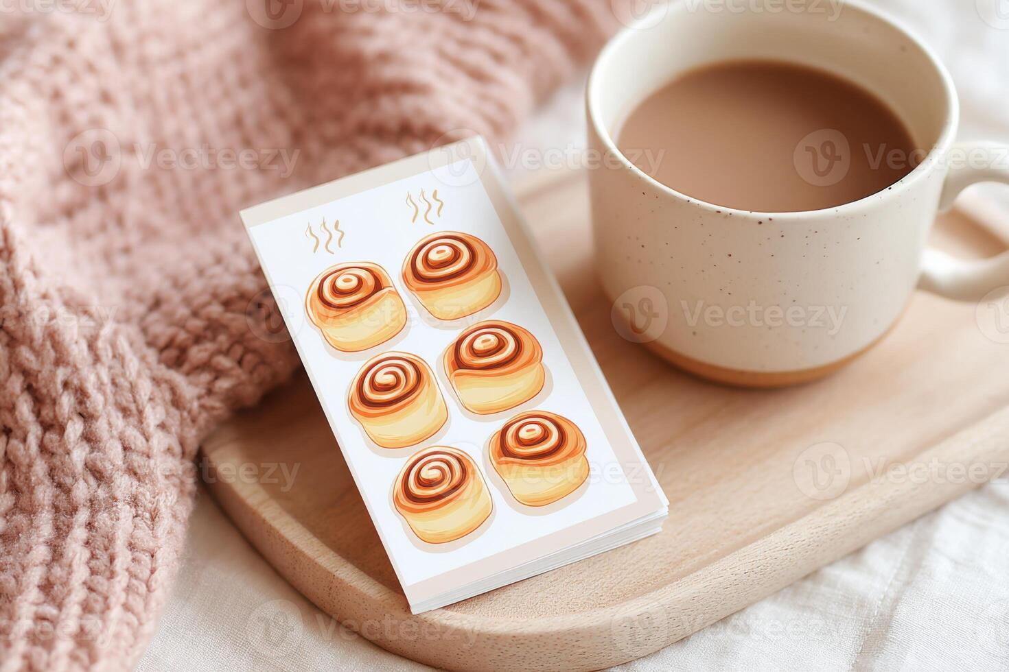 Cozy scene featuring a cup of coffee beside a wooden tray with a notepad displaying six delicious cinnamon rolls, creating a warm and inviting atmosphere for relaxation and creativity photo