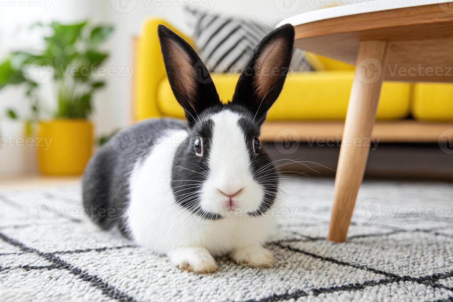 Cute black and white pet rabbit lying on carpet in modern living room photo