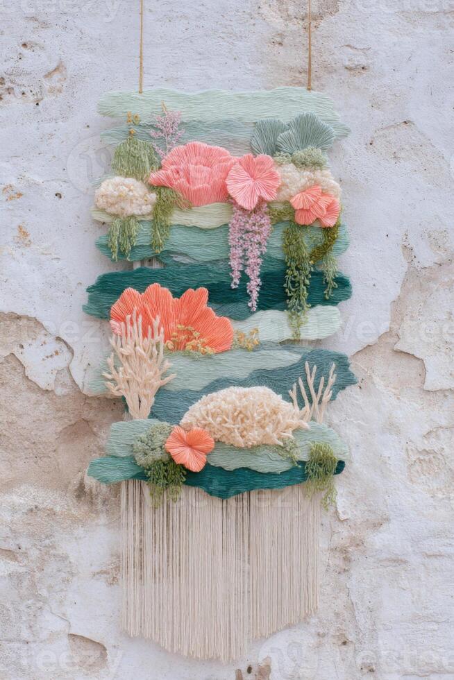Colorful textile wall hanging featuring intricate floral designs in shades of pink, green, and coral, showcasing craftsmanship and artistic expression in a modern decor setting photo
