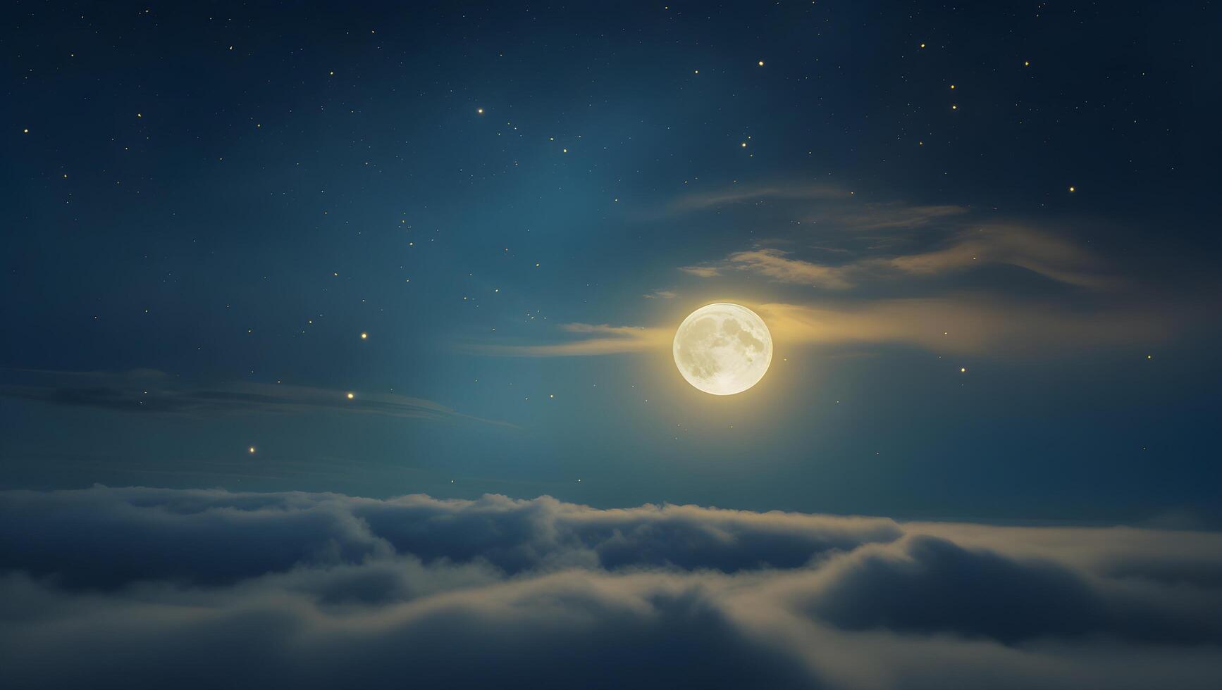 Moonlit Night Sky Over Clouds, glittering stars and silvery fog rolling in, galaxies, stars. photo