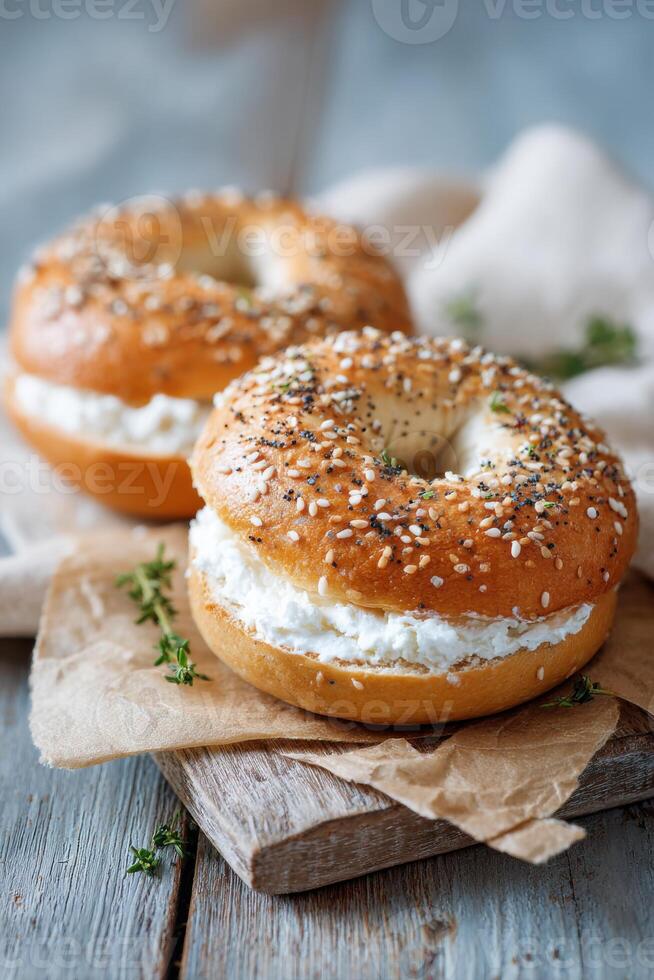 Freshly baked sesame bagels filled with creamy cheese spread, placed on rustic wooden board, surrounded by soft fabric and herbs, showcasing delicious breakfast option photo