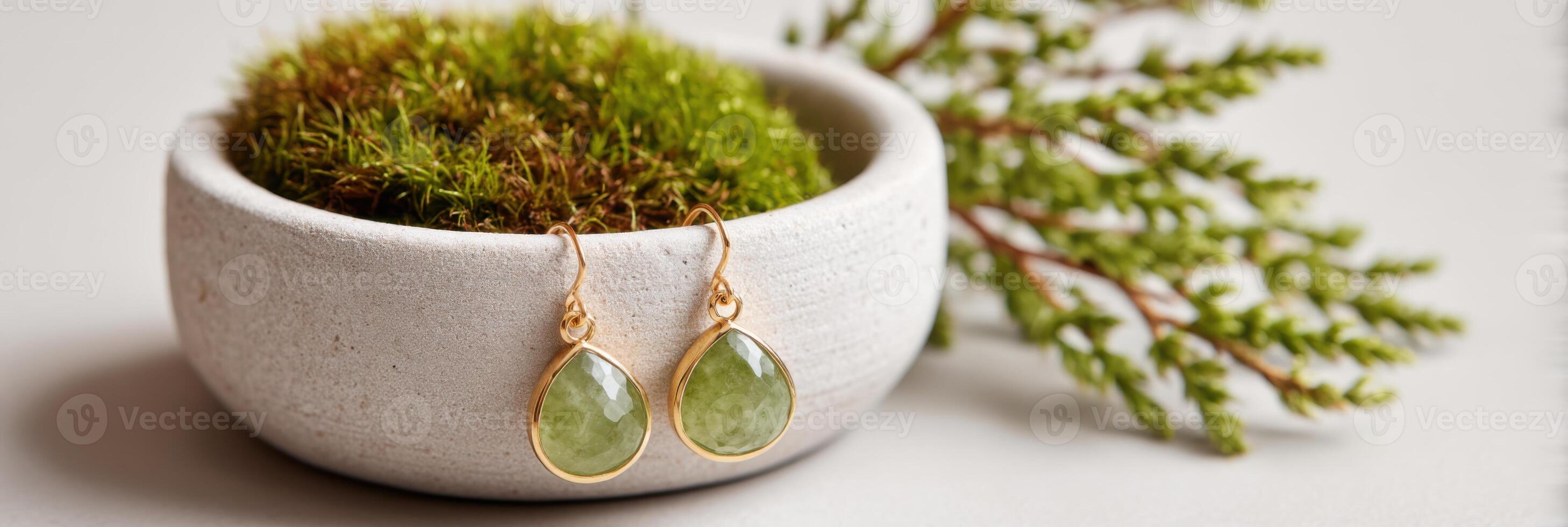 Elegant green gemstone earrings displayed in a minimalist ceramic bowl with moss, surrounded by natural greenery, showcasing a blend of nature and modern jewelry design photo