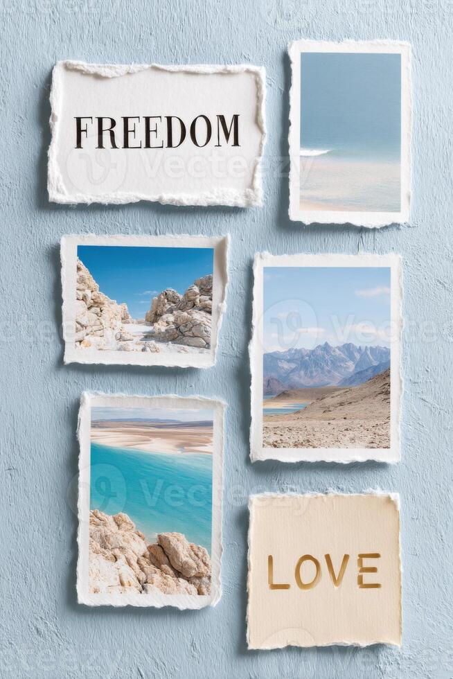 Collection of torn photographs showcasing serene landscapes with blue skies, sandy shores, and mountains, conveying themes of freedom and love in a visually appealing arrangement photo