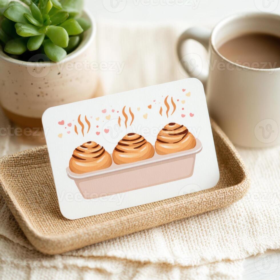 Illustration of three delicious cinnamon rolls in a baking tray, surrounded by hearts and steam, placed on a woven mat beside a cup of coffee, evoking warmth and comfort photo