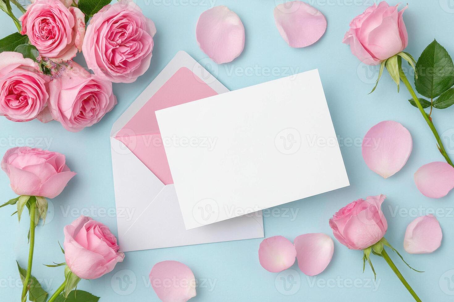 Pink roses arranged around a blank white envelope on a soft blue background, with scattered rose petals creating a romantic and elegant atmosphere for invitations or greetings photo
