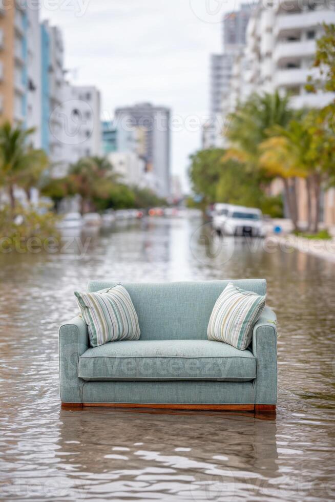 Sofa floating in flooded Miami Beach street after hurricane Ian photo
