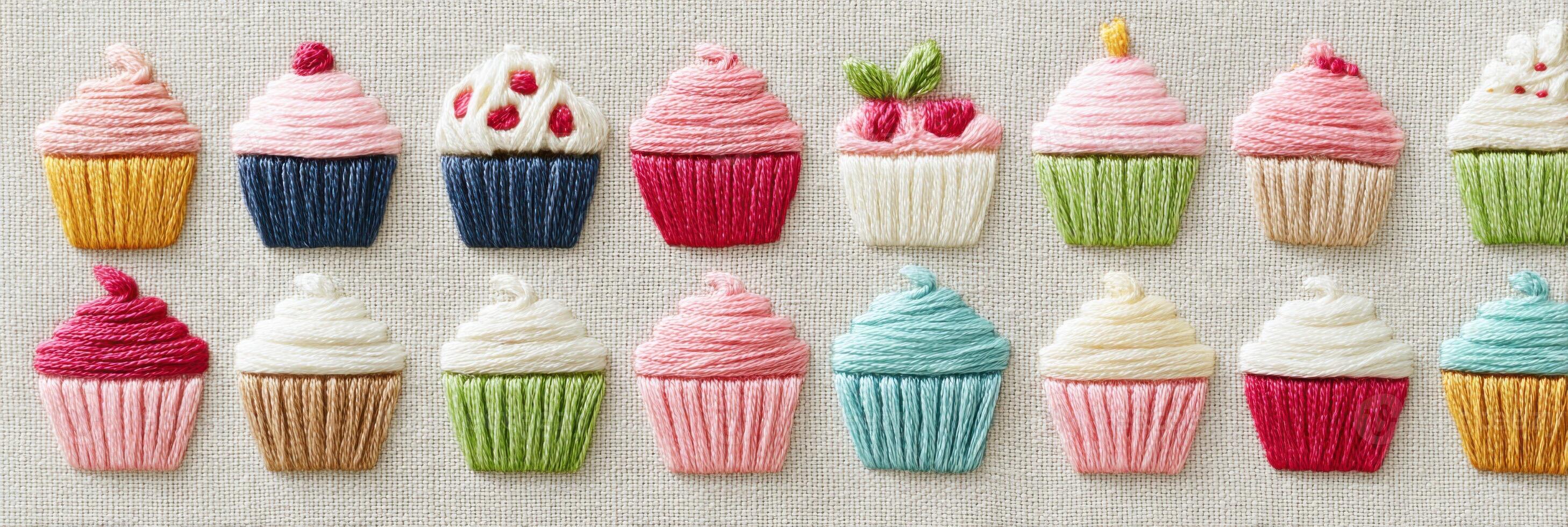 Colorful embroidered cupcakes arranged in a row, showcasing various designs and textures, perfect for culinary art, crafting, and decorative purposes in creative projects photo