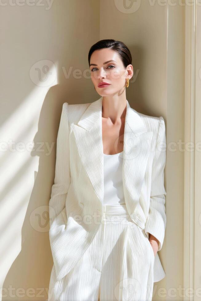 Elegant woman in a white tailored suit stands against a light wall, showcasing modern fashion style with soft shadows creating a serene atmosphere of sophistication and confidence photo