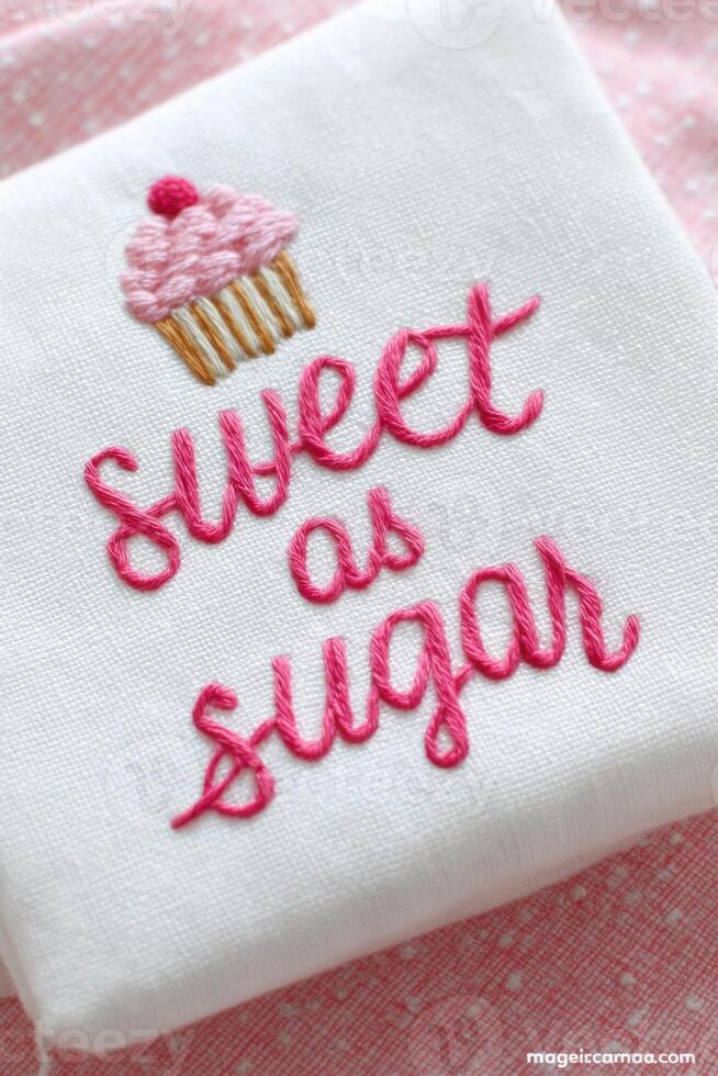 Embroidered kitchen towel featuring a cupcake design with the phrase Sweet as sugar, showcasing vibrant colors and intricate stitching, perfect for culinary decor and gifting photo