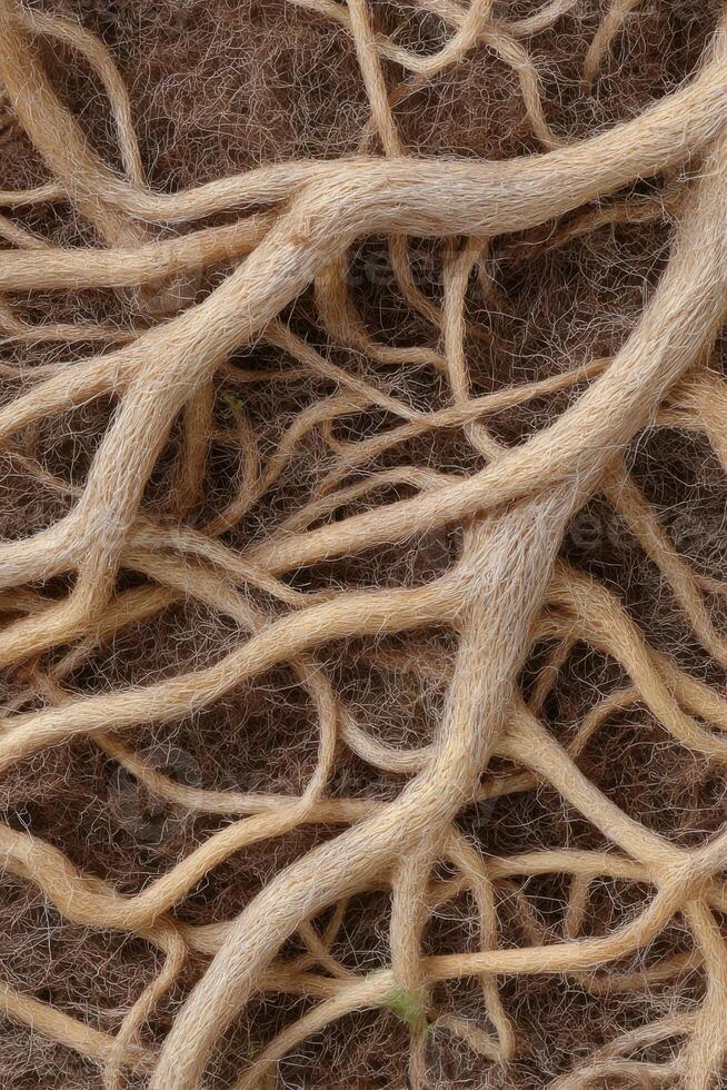 Intricate network of natural roots, showcasing their organic textures and earthy tones, intertwined against a soft brown background, representing growth and connection in nature photo