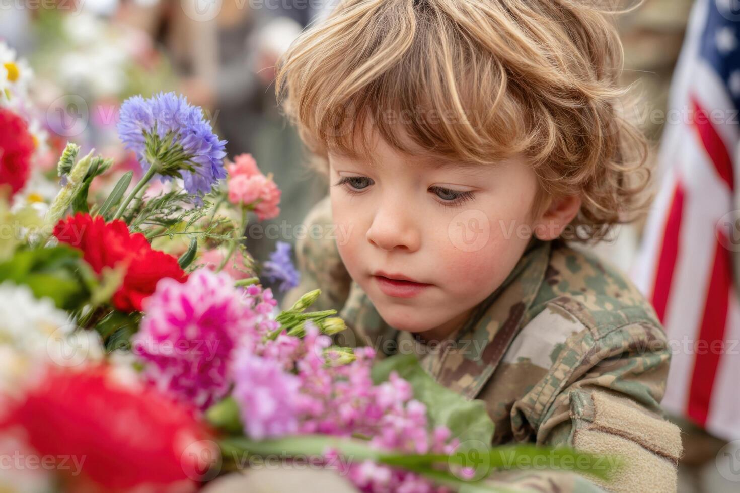 Young child in military attire gently touches vibrant flowers at a memorial site, reflecting on the significance of remembrance and honoring those who served photo