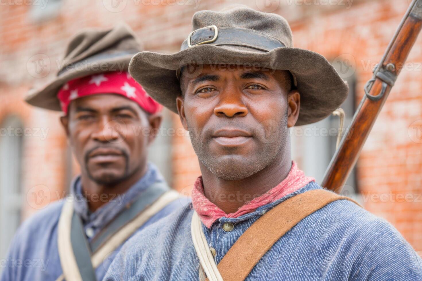 African American men dressed in historical uniforms, standing together with expressions of pride, celebrating heritage during a Juneteenth event, showcasing cultural significance and community spirit photo