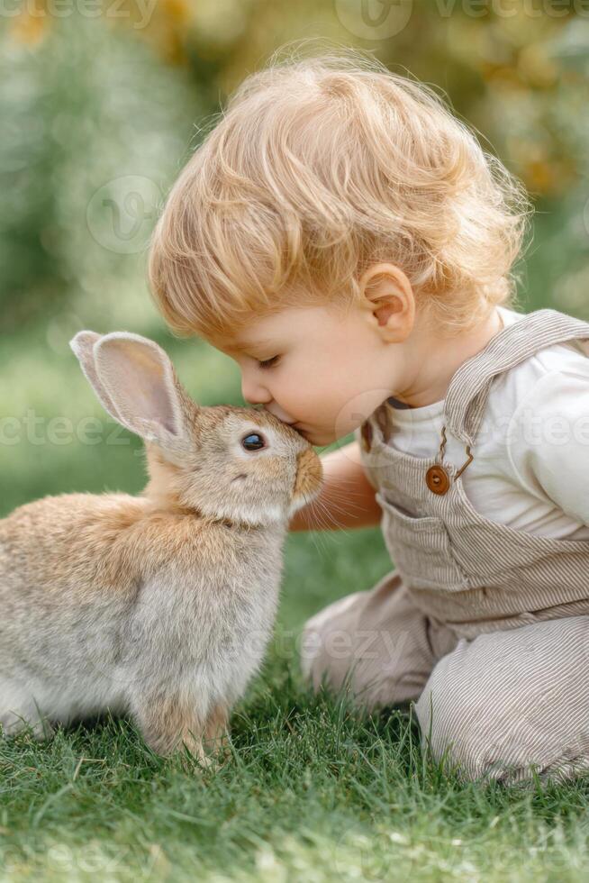 Toddler kissing a rabbit in a meadow photo