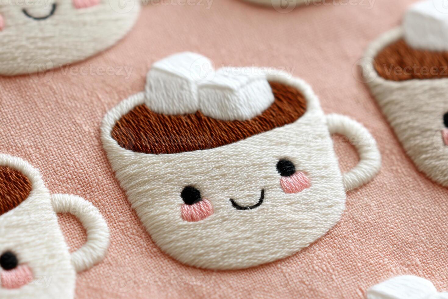 Cute embroidered illustration of smiling mugs with hot chocolate and marshmallows on a soft pink fabric background, showcasing delightful craftsmanship and playful design elements photo