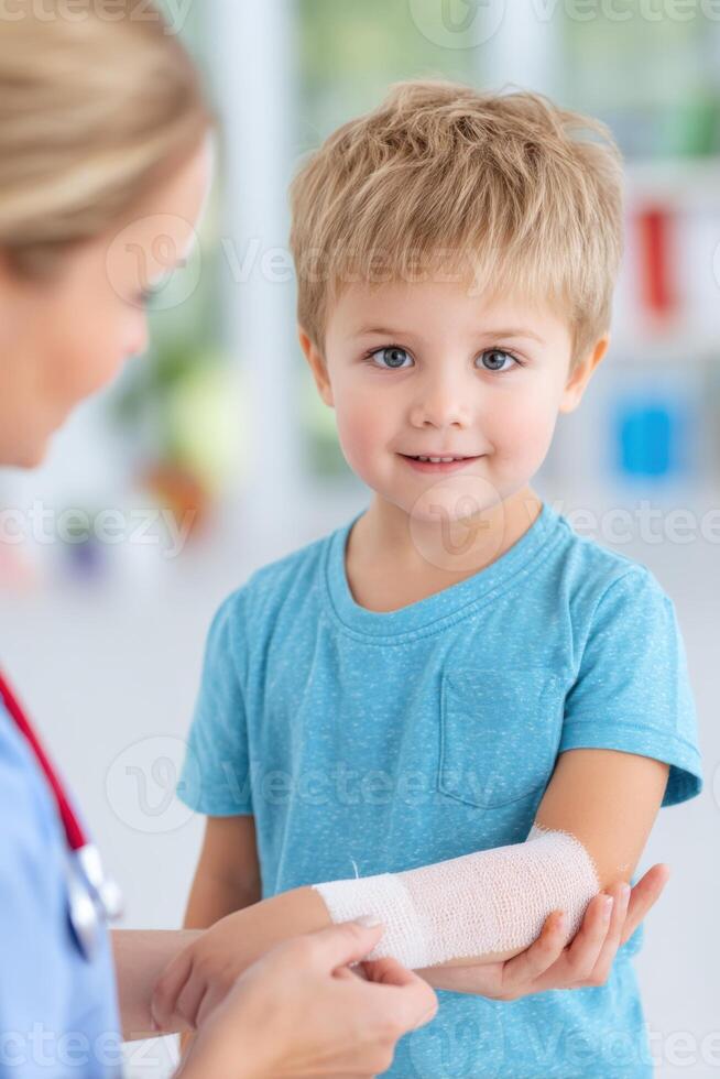 Nurse caring for young boy with a bandaged arm in a bright, cheerful clinic, showcasing compassion and professionalism in pediatric healthcare and patient support photo