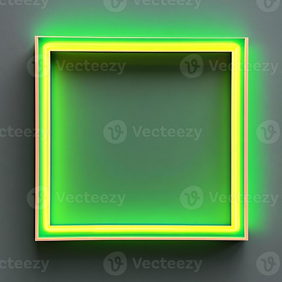 A green neon square frame on a wall photo