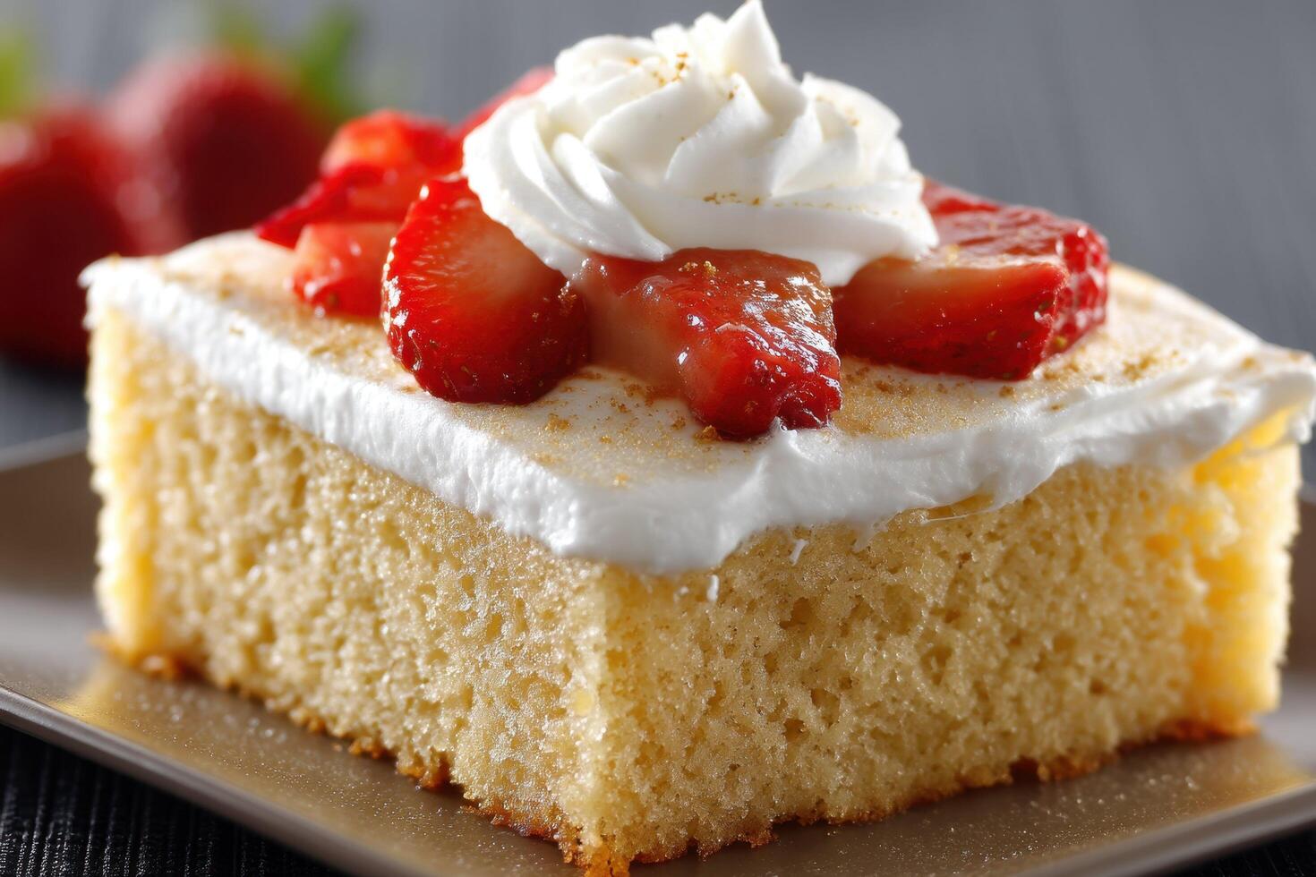 A close-up shot of a decadent Tres Leches Cake captures its rich texture and creamy topping photo